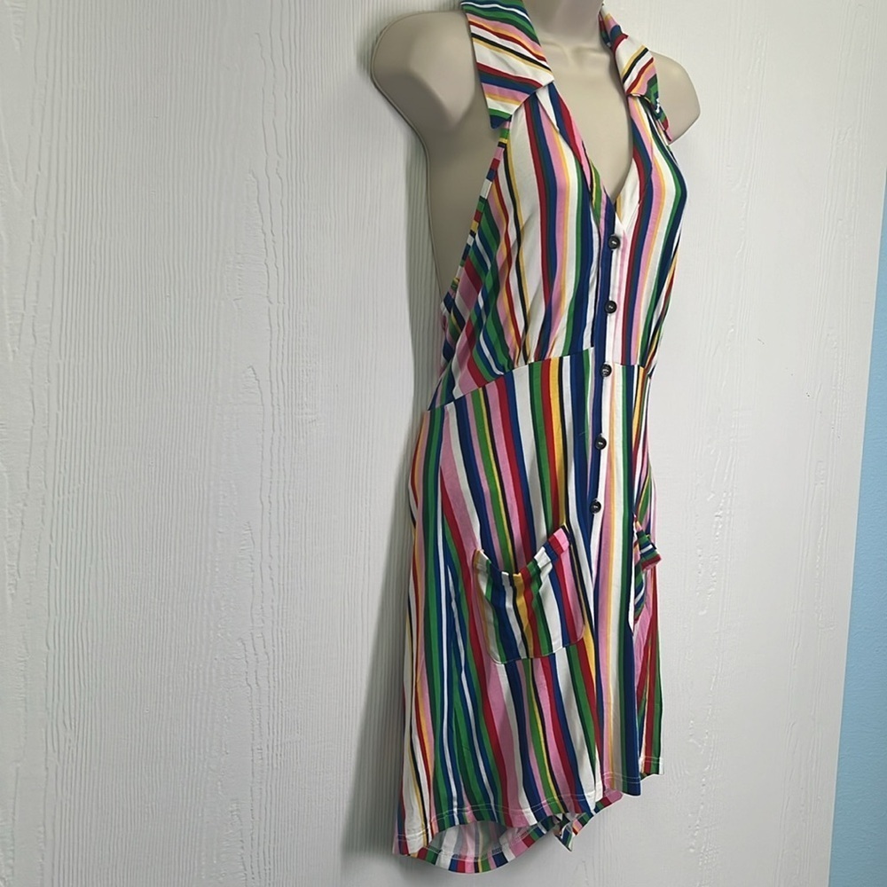 Mod Cloth - Rainbow Stripe Button Down Halter Short Romper Size Medium - Picture 4 of 11